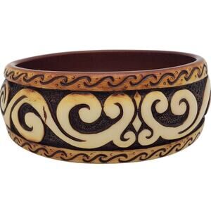 Tribal Swirl Bangle Bracelet Faux Wood Resin Cuff Boho Ethnic Brown Tan Acrylic